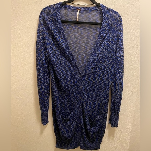 Free People Blue Space Dye Sheer Long Line V-Neck Cardigan Size Large - Picture 3 of 12